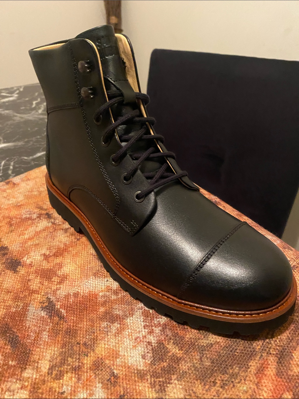 Men's Black Leather Cap-Toe Lace-Up Boot With Contrasting Brown Welt